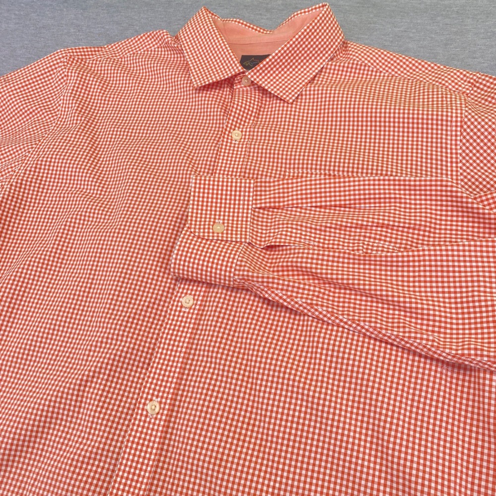 Greg Norman Button Down Shirt Mens XXL Orange Gingham Plaid Cotton Shark Logo